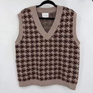 Pink Rose Houndstooth V-Neck Sweater Vest Brown Size Large
